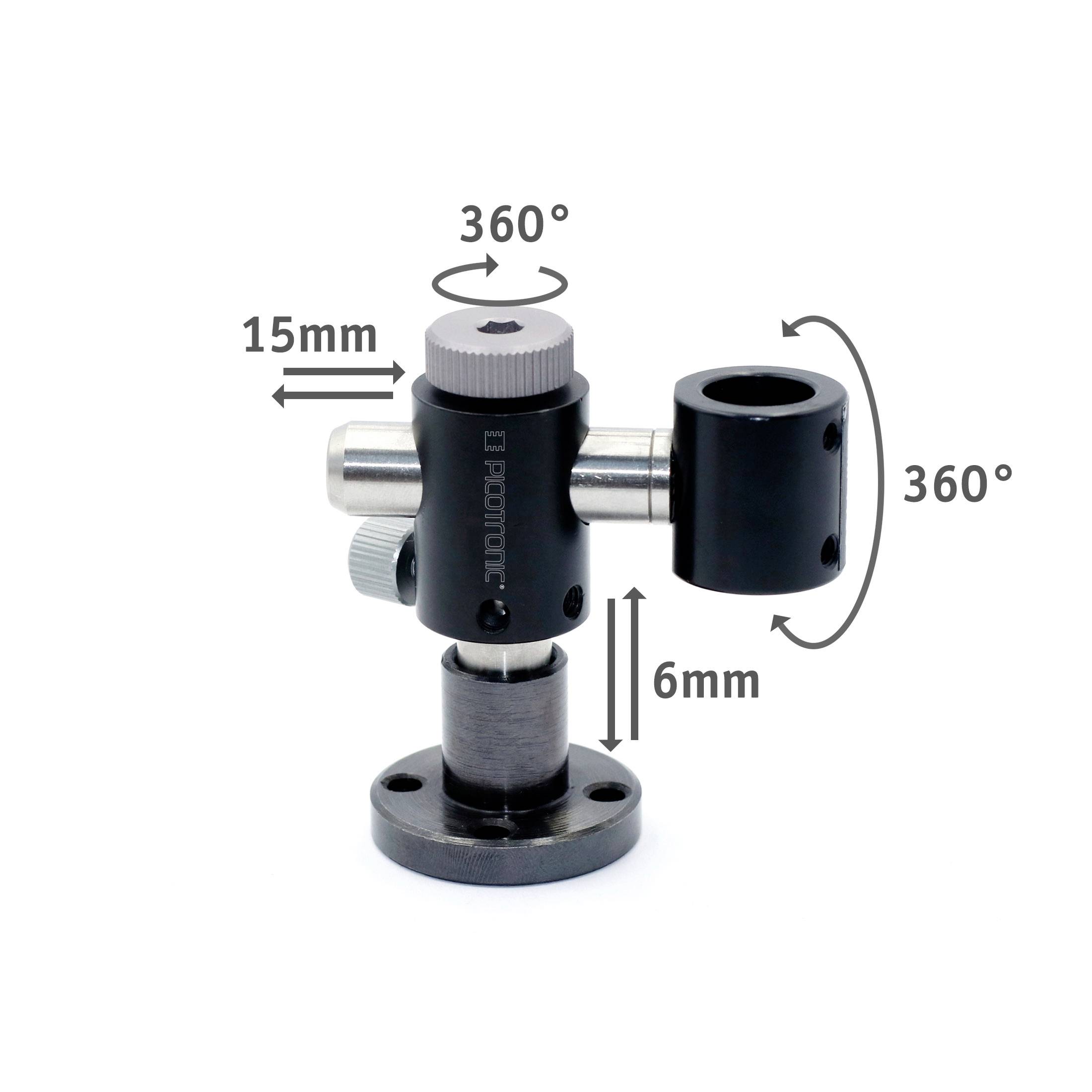 Un giunto nero con possibilità di rotazione a 360°. Dimensioni: larghezza 15 mm, diametro 6 mm. Elementi di connessione meccanica.