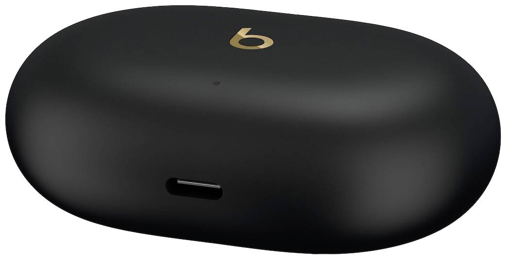 Custodia di ricarica wireless nera con logo 'b' dorato sulla parte superiore, principalmente destinata a cuffie auricolari.