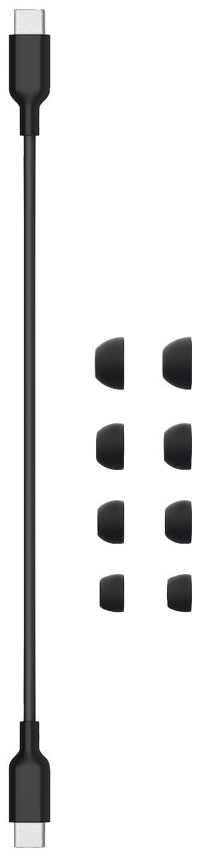 Un cavo nero USB-C con sei estremità intercambiabili di diverse dimensioni è raffigurato.