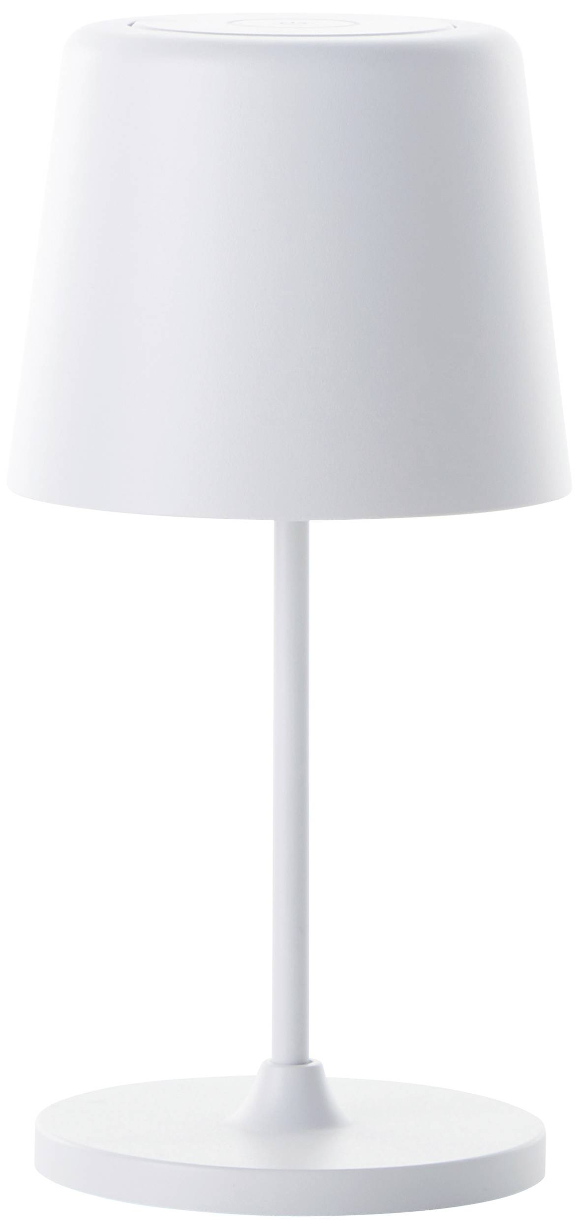 Una semplice lampada da tavolo bianca con paralume cilindrico e base dritta; design minimalista.