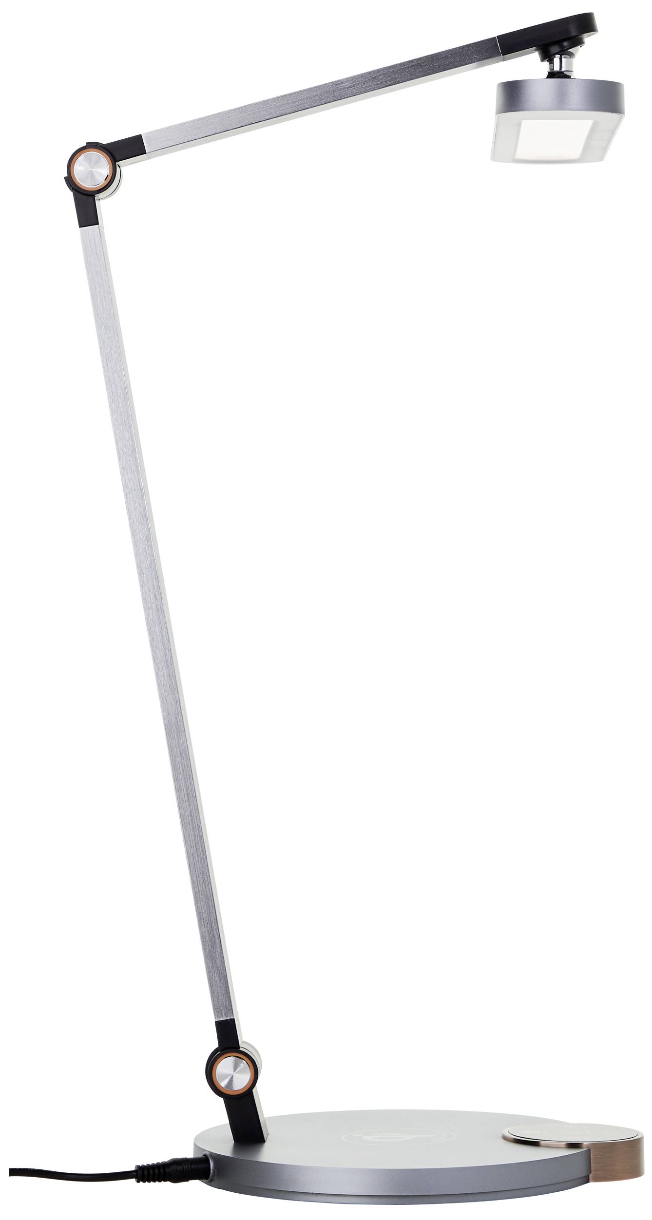 Una moderna lampada da scrivania sottile in metallo con braccio regolabile e base rotonda.