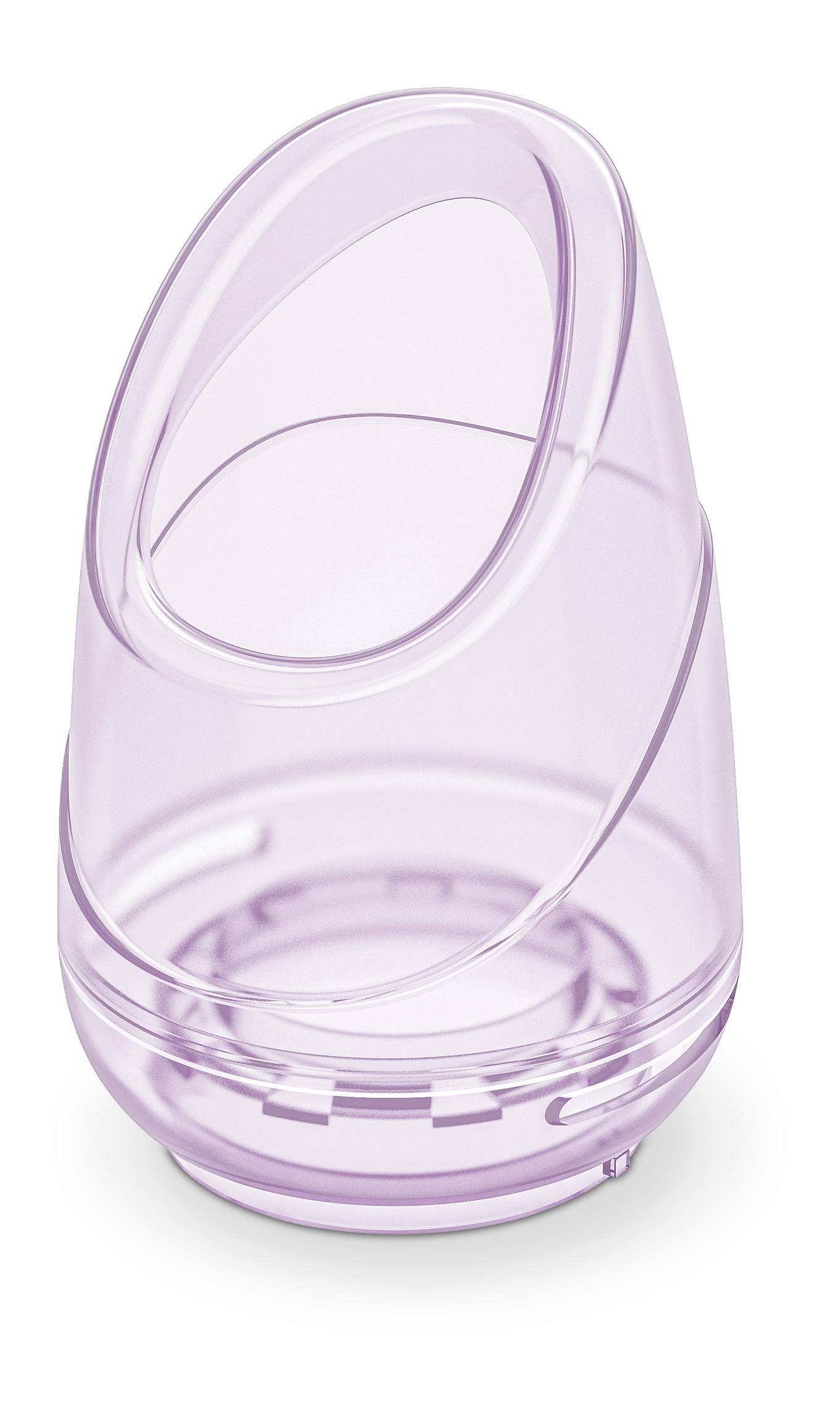Un oggetto ovale in plastica trasparente-viola con un'apertura in alto.