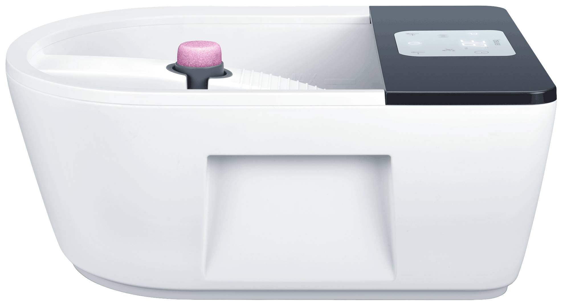 Una vasca idromassaggio elettrica con un accessorio di massaggio rosa e un display digitale per controllare le funzioni.