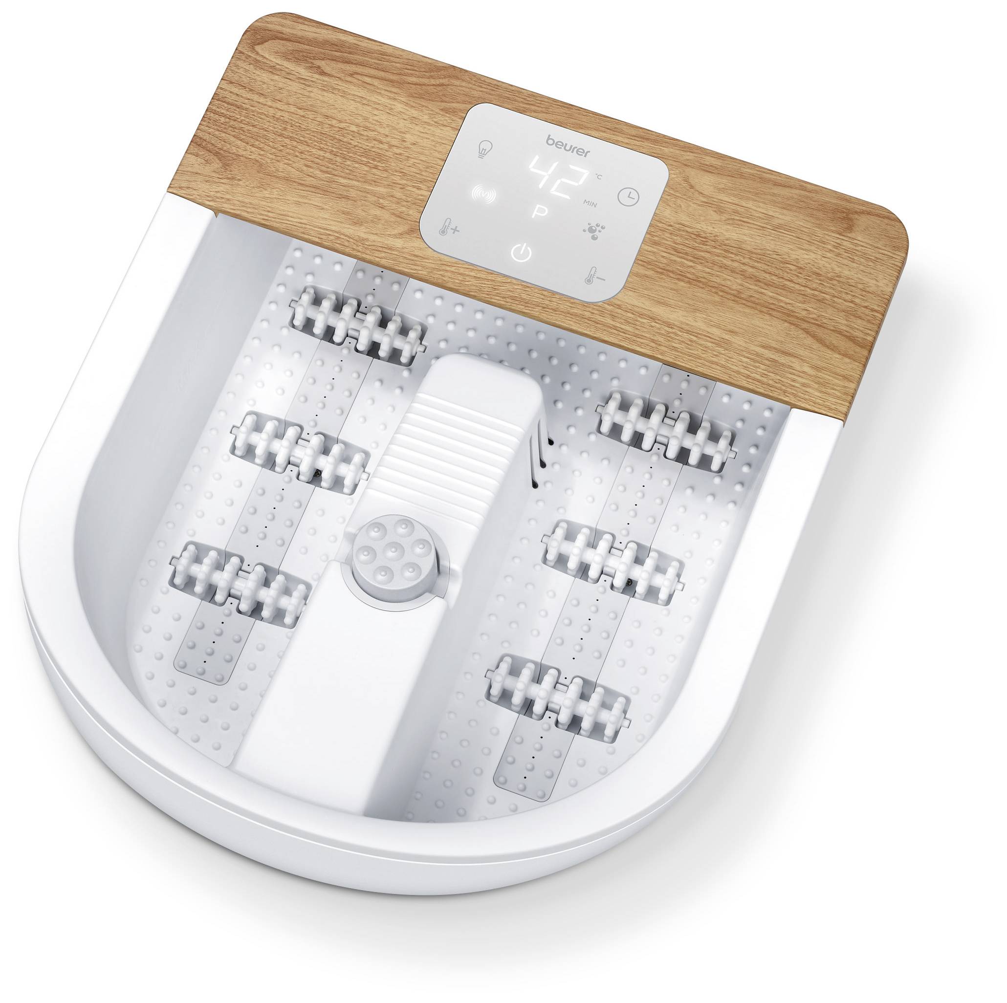 Dispositivo per massaggio ai piedi con design effetto legno e display digitale che indica 42°C. Include quattro rulli per il rilassamento della pianta del piede.