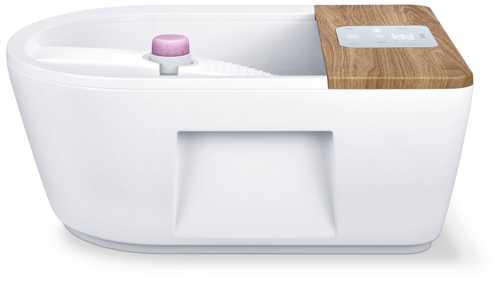 Un pulitore a ultrasuoni bianco, moderno, con dettaglio in legno sulla parte superiore e un inserto rosa, mostra un design elegante.