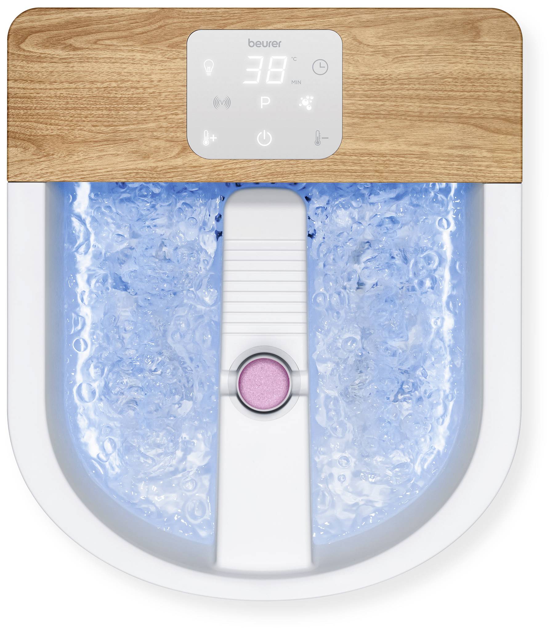 Vasca per pediluvio con display digitale, indicazione della temperatura a 38 gradi, acqua blu frizzante e dettaglio in legno sulla parte superiore.
