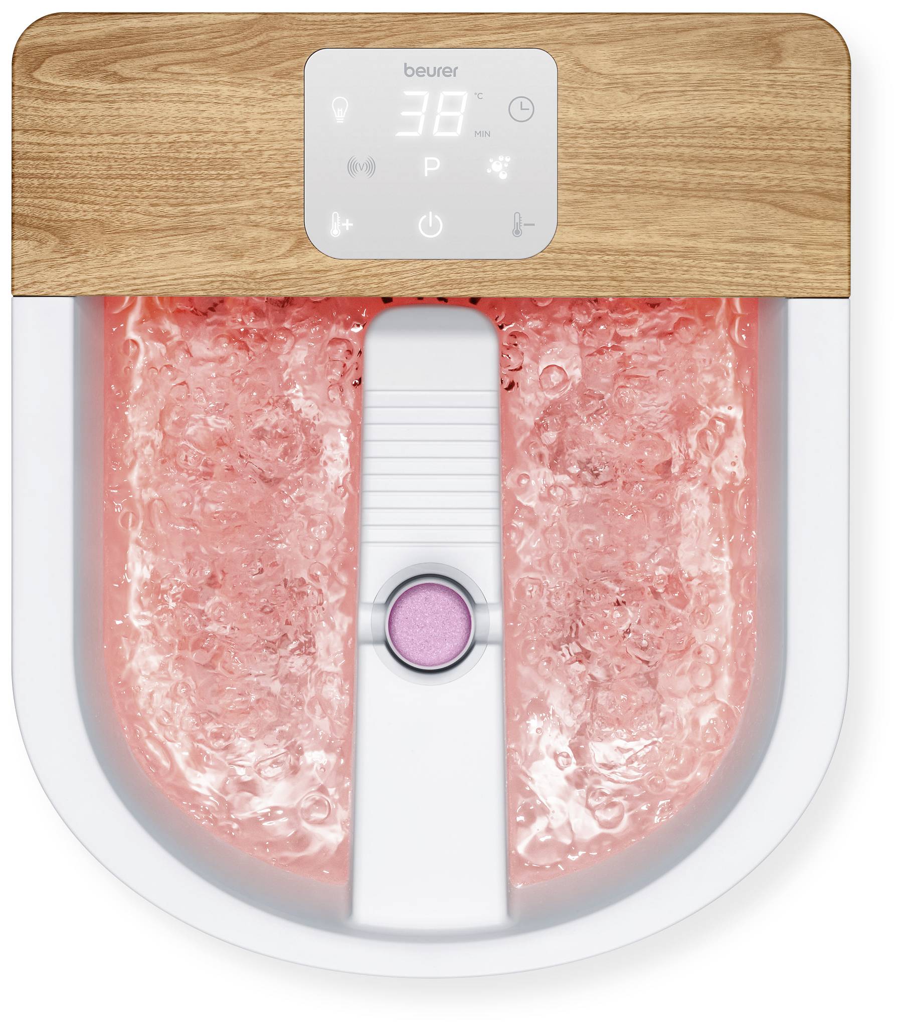 Dispositivo per bagni ai piedi con display moderno, indica 38 gradi Celsius, acqua che bolle. Pulsanti di controllo per temperatura e funzioni di massaggio visibili.
