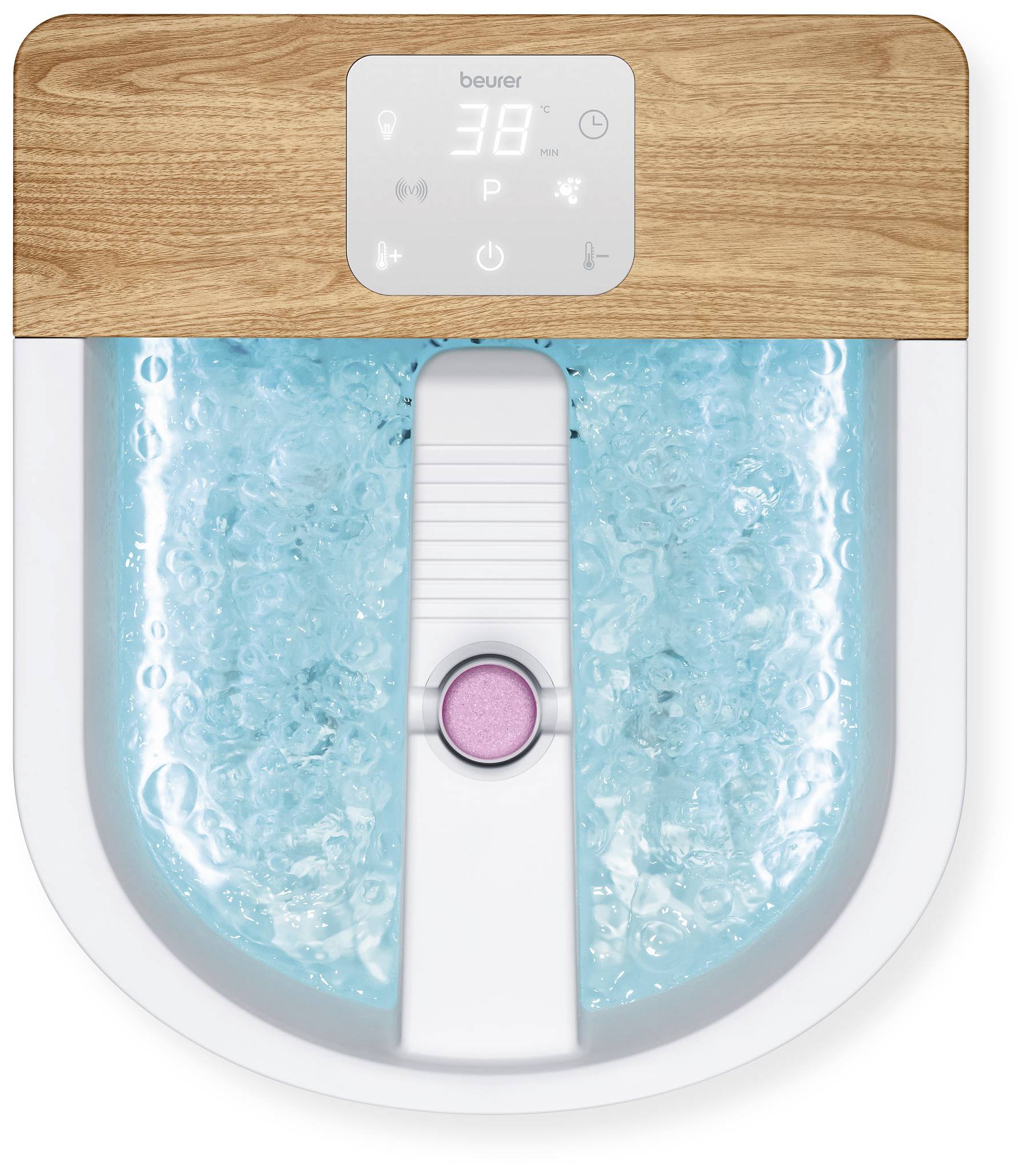 Dispositivo per bagno ai piedi con superficie dell'acqua blu, display digitale ed elementi in legno che indica una temperatura di 38 gradi.