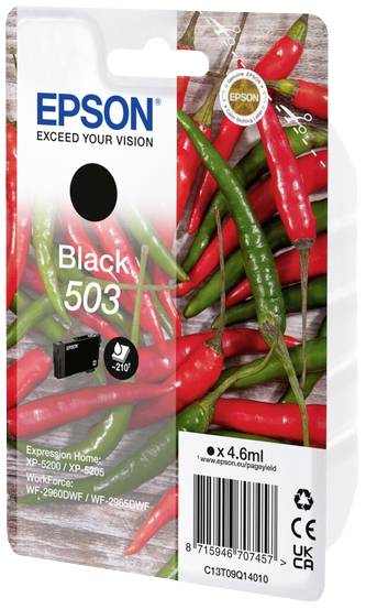 Confezione di una cartuccia d'inchiostro Epson 503 in nero; sfondo con peperoncini rossi; testo principale in alto: 'SUPERA LA TUA VISIONE'.