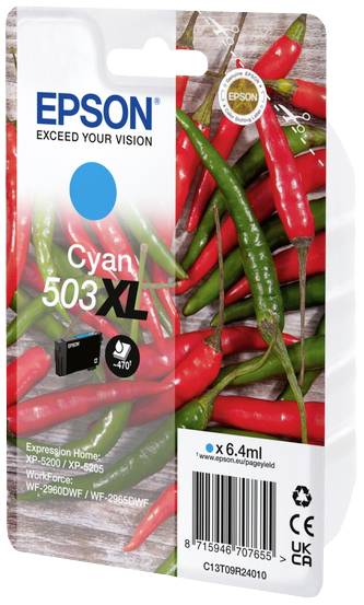 'Cartuccia d'inchiostro Cyan 503XL, Epson. Illustrazione con peperoncini rossi e verdi sullo sfondo. Compatibile con Expression Home XP-5200, XP-5205.'