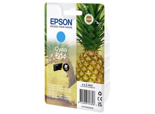 Cartuccia di inchiostro Epson Ciano 604, adatta per modelli della serie Epson Expression Home XP. Confezionata con motivo di ananas sullo sfondo.