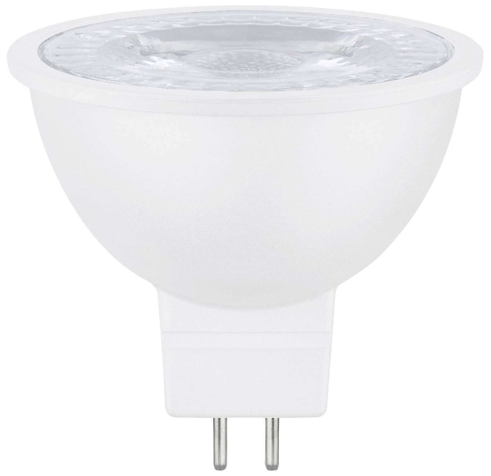 Una lampada LED bianca con attacco GU5.3 è raffigurata. Ha una forma rotonda ed è adatta all'uso in faretti da incasso.