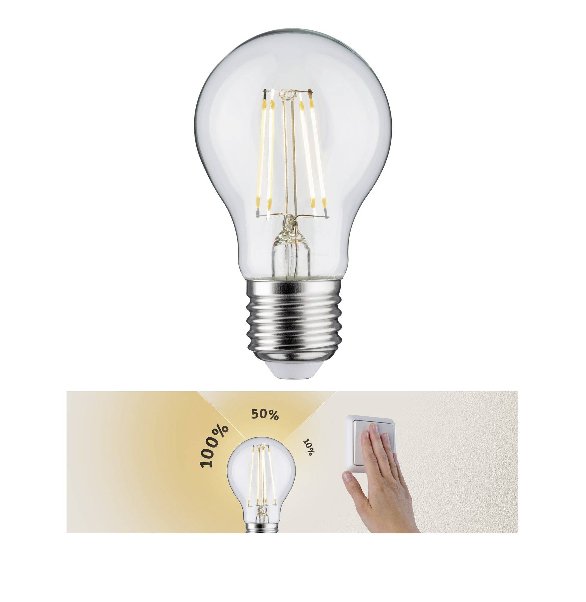 Una lampadina dimmerabile. In alto la lampadina da sola, in basso uno schema di regolazione dell'intensità luminosa dal 100% al 20% con una mano su un interruttore.