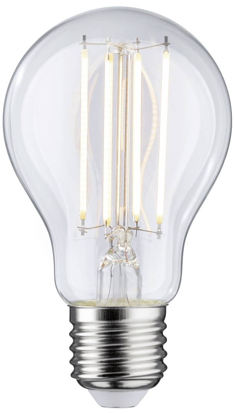 Una lampadina con filamenti visibili e base argentata, illuminata, su uno sfondo bianco.