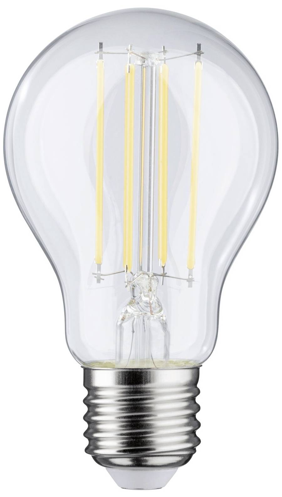 Una lampadina LED con filamenti visibili e base in metallo è mostrata.