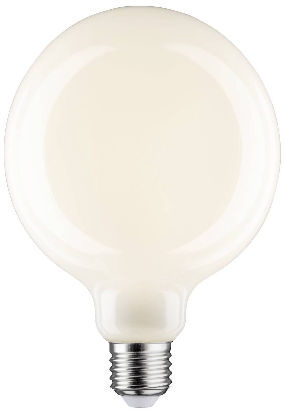 Una lampadina rotonda bianca con attacco argentato, su sfondo bianco, simboleggia luce e innovazione.