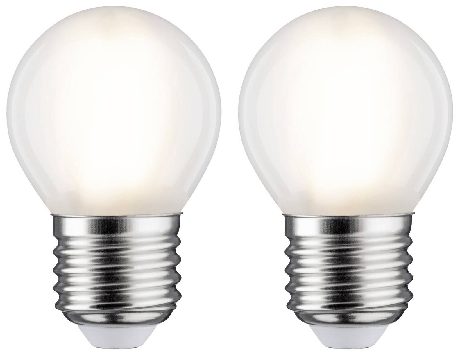 Due lampadine rotonde con attacco argentato, affiancate e illuminate.