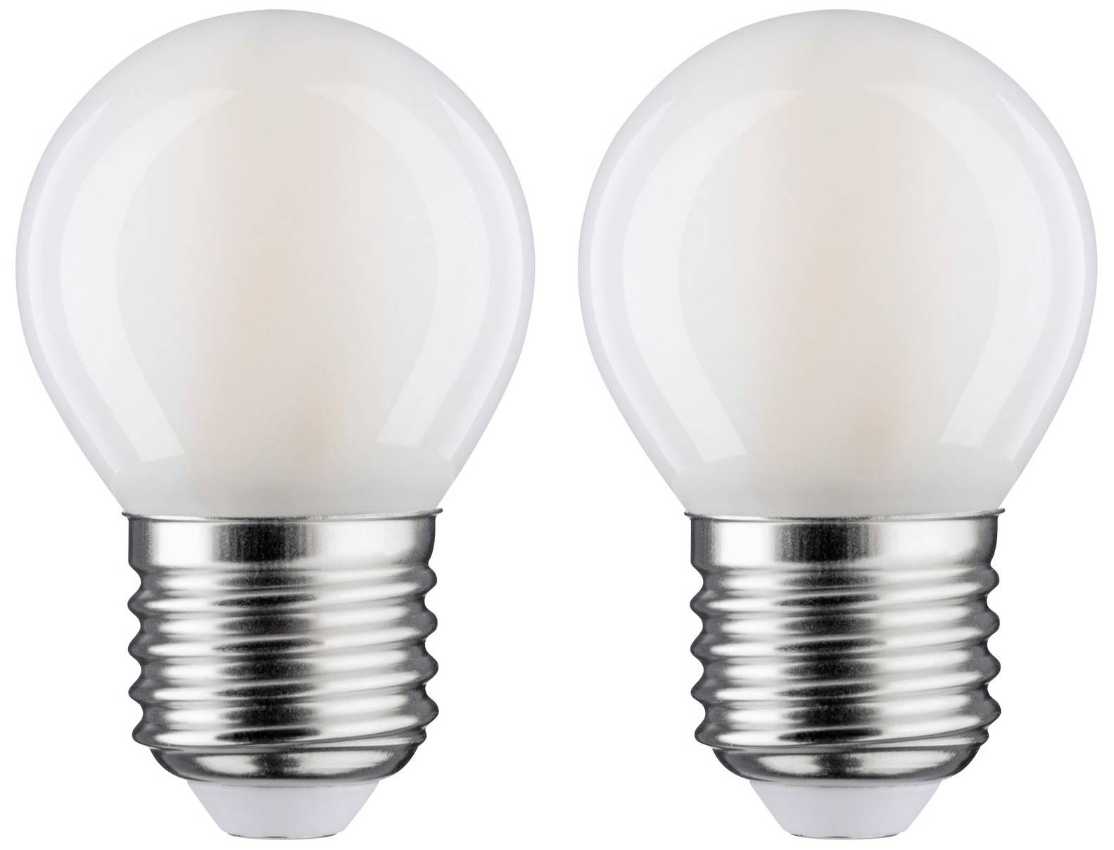 Due lampadine LED bianche con attacco argentato su sfondo bianco. Adatte per lampade a risparmio energetico o decorazione.