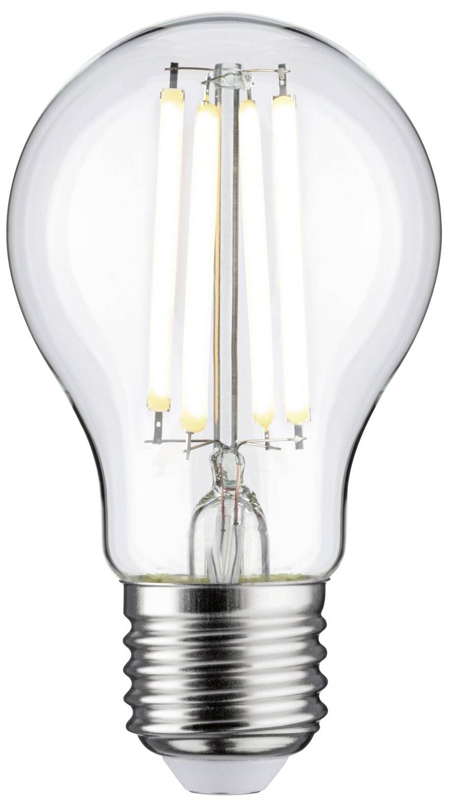 Una lampadina LED trasparente con filamenti visibili e attacco argentato che emana una luce brillante.