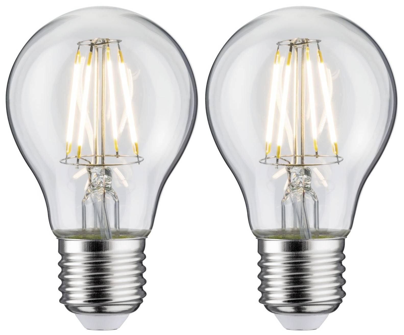 Due lampadine chiare con filamenti visibili, poste una accanto all'altra su uno sfondo bianco.