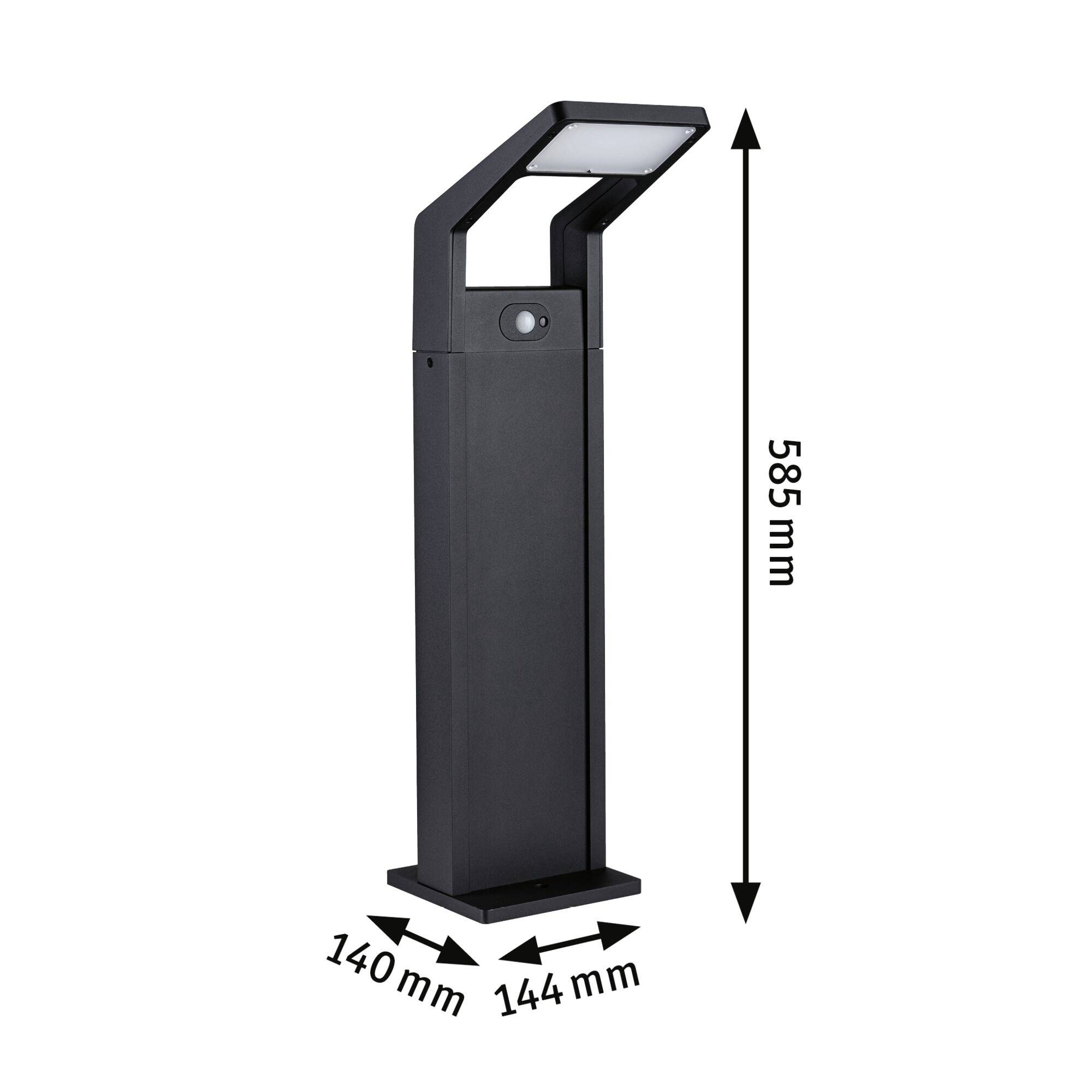 Un'applique esterna nera con sensore di movimento. Altezza 585 mm, larghezza e profondità rispettivamente 140 mm e 144 mm.