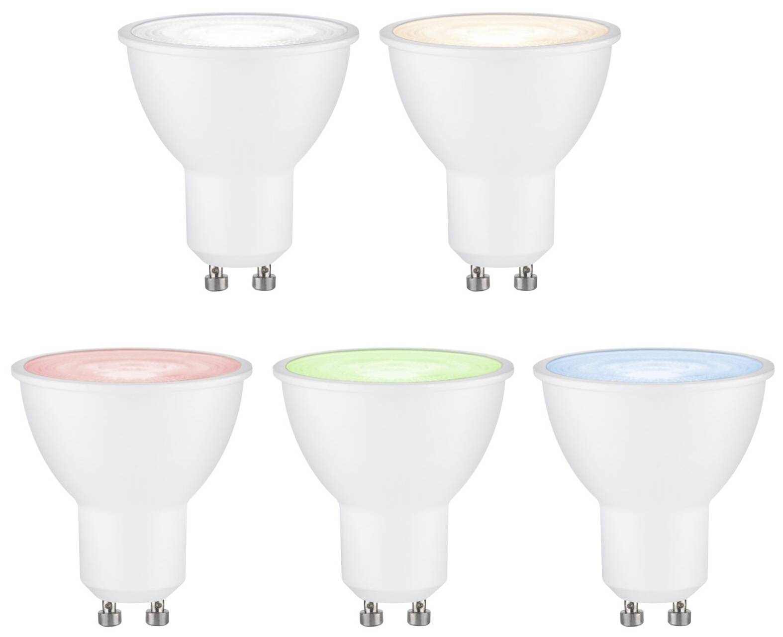 Cinque lampade LED di colori diversi: bianco, bianco caldo, rosso, verde, blu, disposte su due file su sfondo bianco.