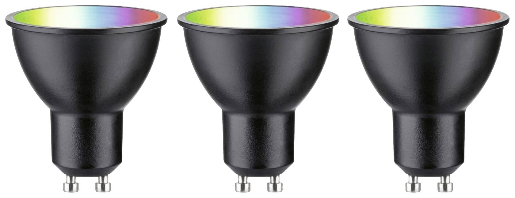 Tre lampade LED GU10 nere con luce arcobaleno su sfondo bianco.