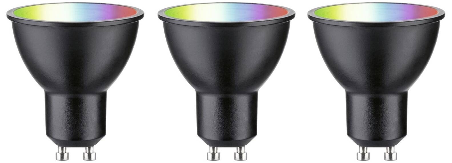 Tre lampadine LED GU10 nere con gamma cromatica colorata sulla parte superiore. Ideali per un'illuminazione personalizzata negli ambienti domestici.
