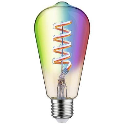 Lampadina con illuminazione multicolore e filamento a spirale visibile, simboleggia creatività e innovazione.