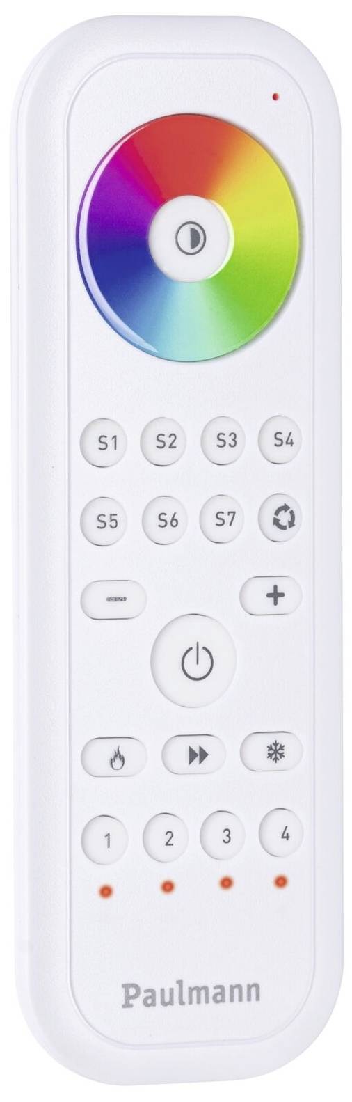 Telecomando con cerchio dei colori per il controllo di lampade LED, tasti per la luminosità, accensione/spegnimento, cambio colore e diverse modalità di illuminazione. Nome del marchio in basso.