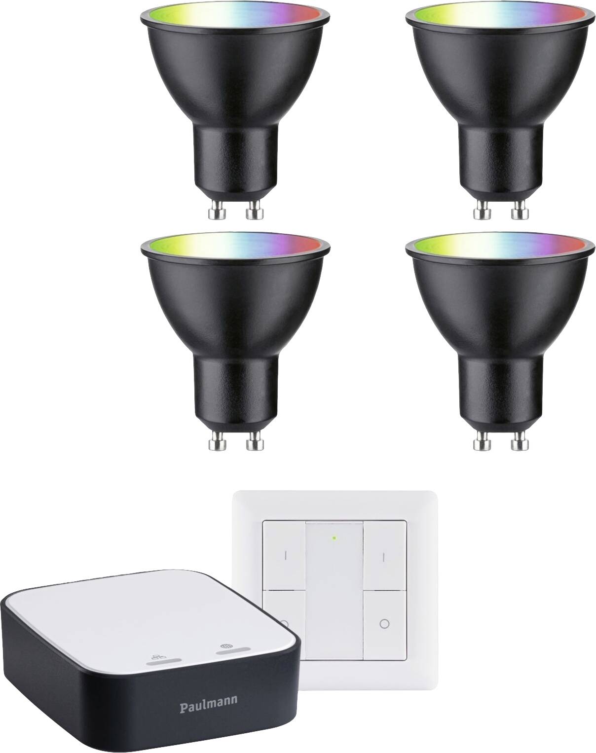 Quattro lampadine LED GU10 a cambio colore, centrale domotica e interruttore wireless. Ideale per un'illuminazione suggestiva.