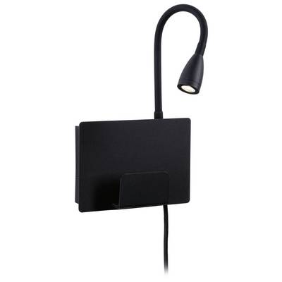 Applique a LED nera con braccio flessibile e portariviste integrato. Design minimalista, ideale per angoli lettura.