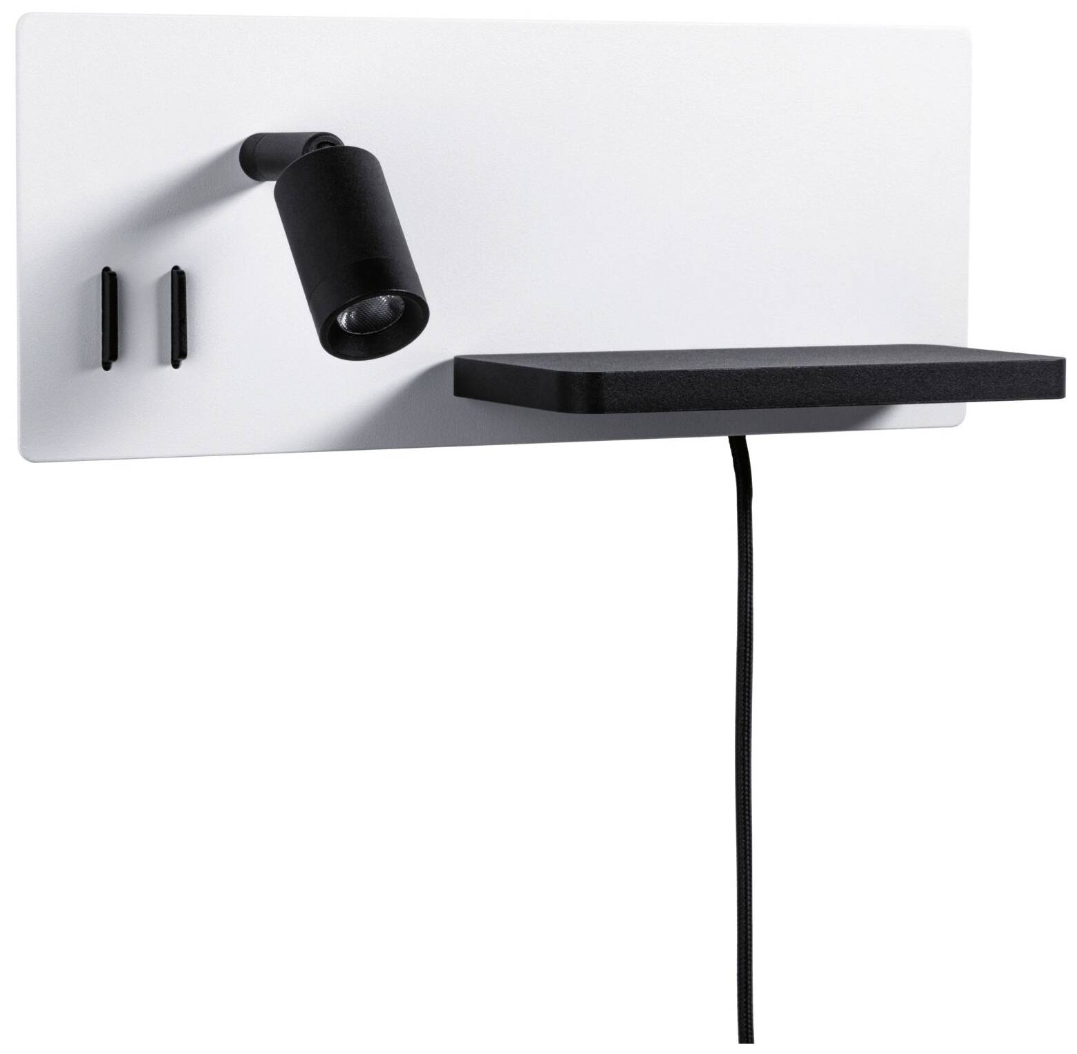 Una mensola minimalista a parete con lampada da lettura integrata; ideale per spazi ristretti e arredamenti moderni.