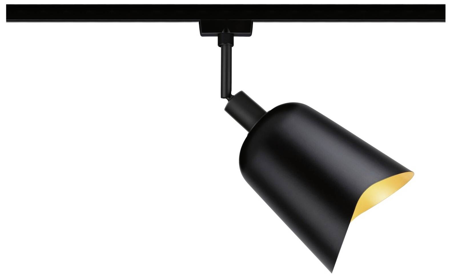 Proiettore da soffitto nero con paralume conico che illumina verso il basso. Design moderno per un'illuminazione mirata.
