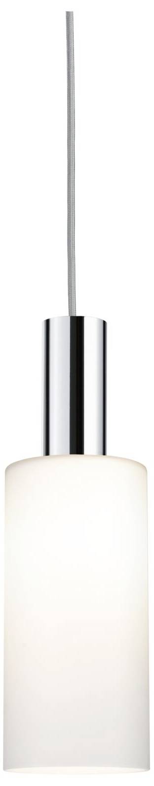 Lampada a sospensione con paralume cilindrico in vetro bianco e cilindro di fissaggio argentato, sospesa da un cavo bianco.
