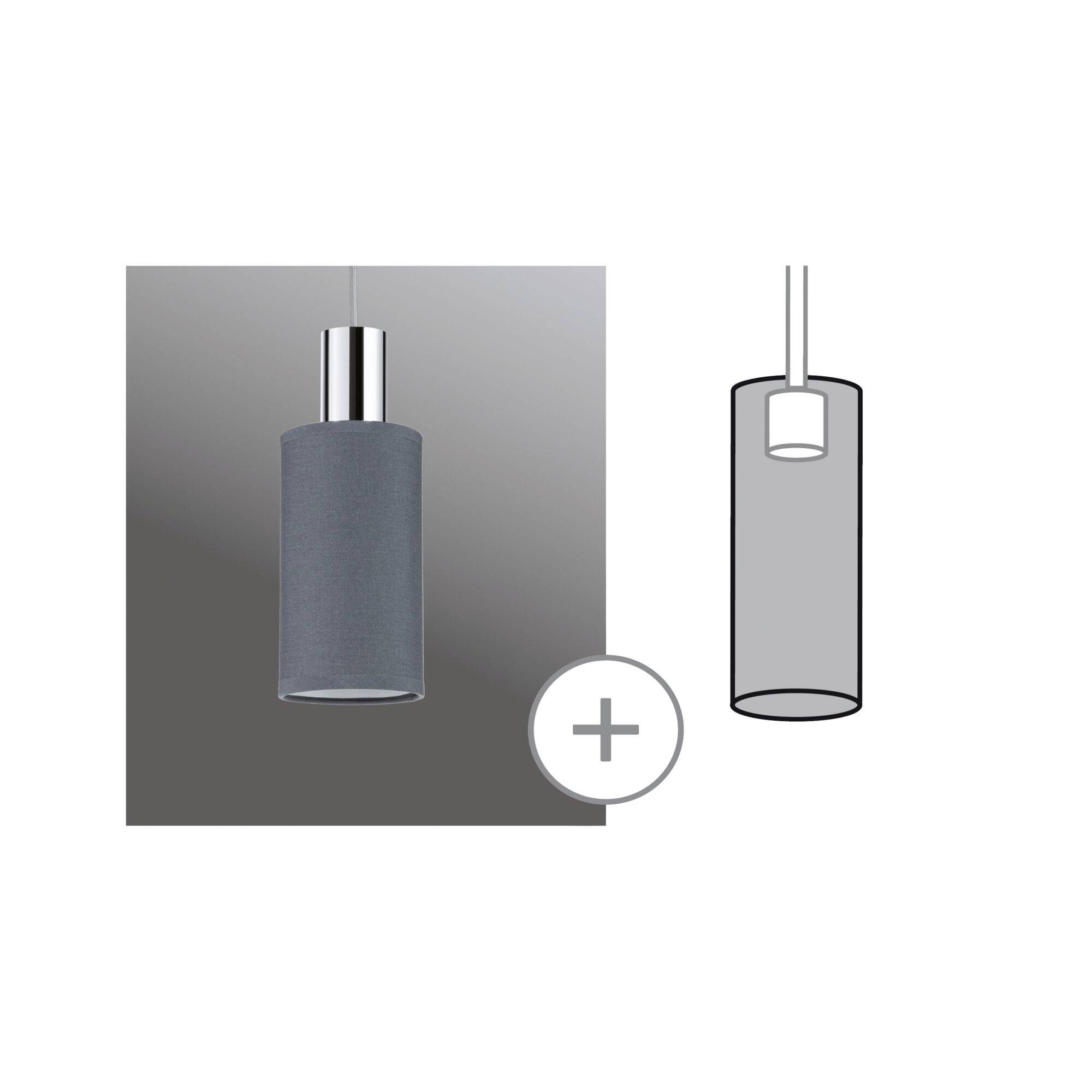 Lampadario a sospensione cilindrico grigio con supporto argentato e design minimalista. A destra, accanto ad esso, un disegno schematico semplificato del lampadario.
