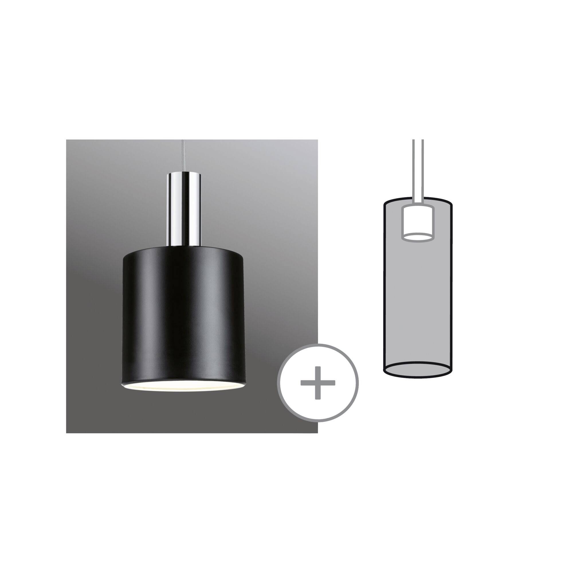 Una lampada a sospensione nera con design cilindrico e sospensione metallica. Accanto un disegno schematico della lampada.