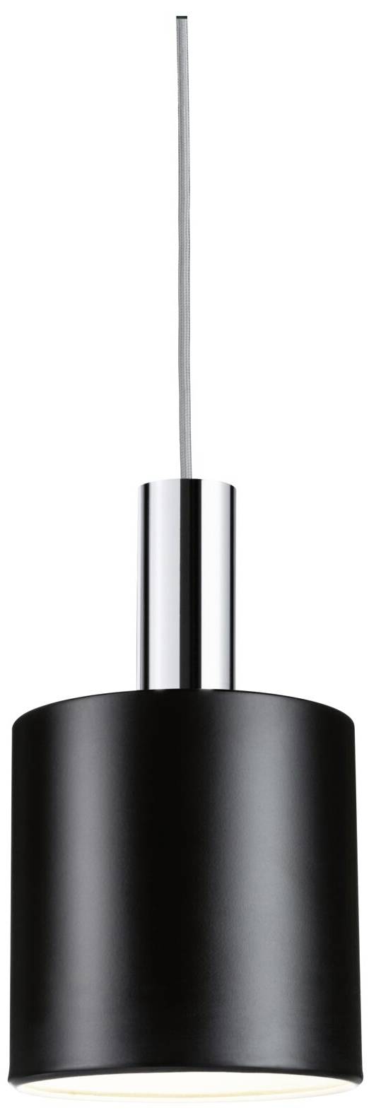 Una moderna lampada a sospensione con paralume cilindrico nero e supporto color argento, appesa al soffitto.