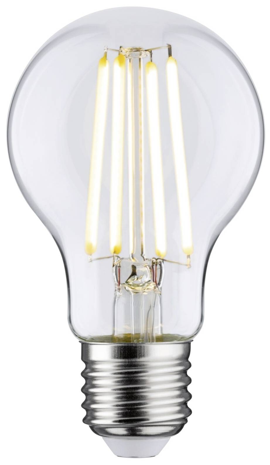 Una lampadina con filamenti visibili e base argentata risplende intensamente.