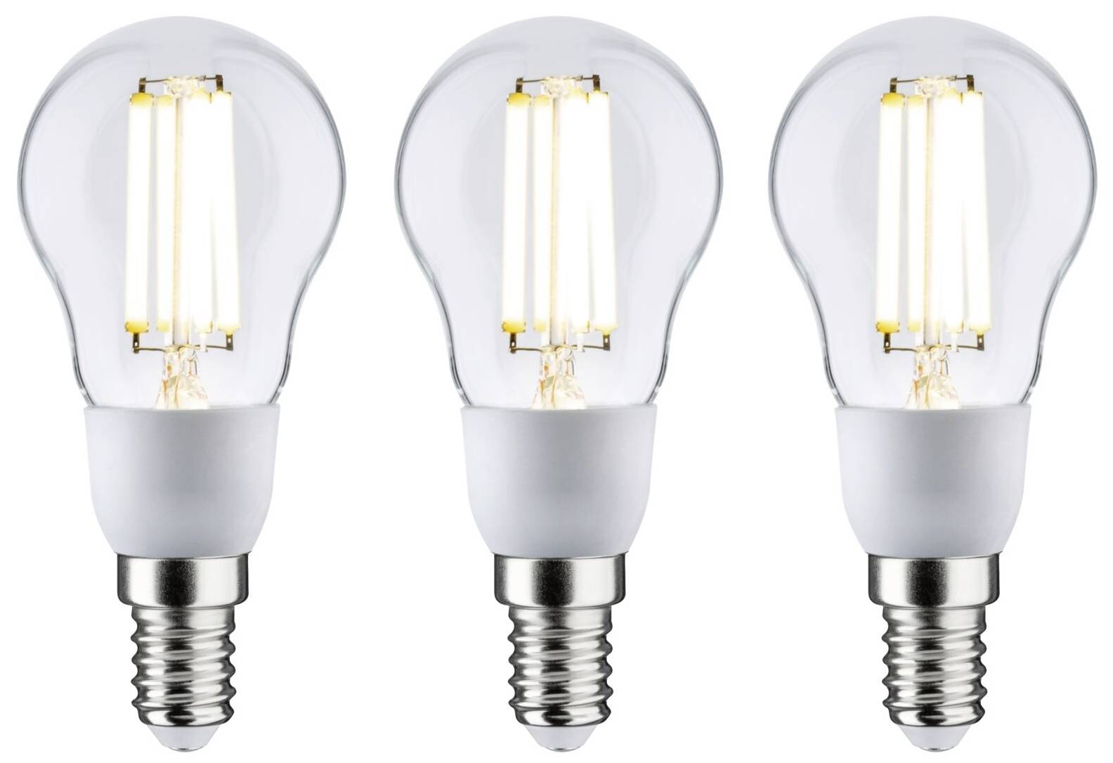 Tre lampadine con filamenti visibili allineate. Ogni lampadina ha una base bianca e un vetro trasparente.