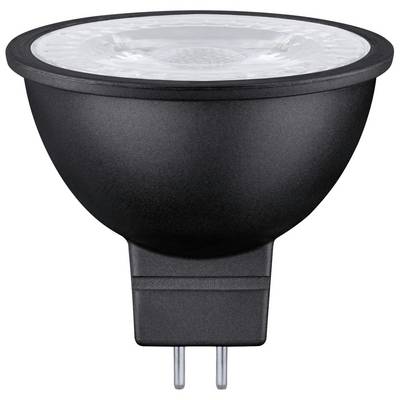 Lampada LED con attacco GU5.3, involucro nero, emissione luminosa trasparente, comunemente utilizzata per illuminazione a spot e applicazioni ad alta efficienza energetica.