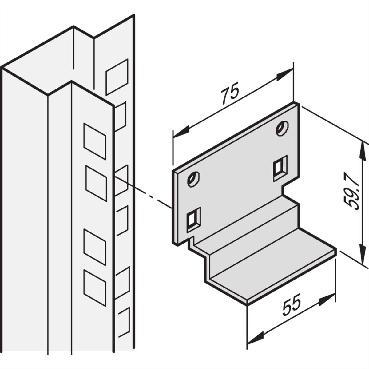 Disegno di un angolo metallico con dimensioni: altezza 75 mm, larghezza 55 mm, profondità 59,7 mm. Diagramma mostra un angolo di fissaggio su una mensola.
