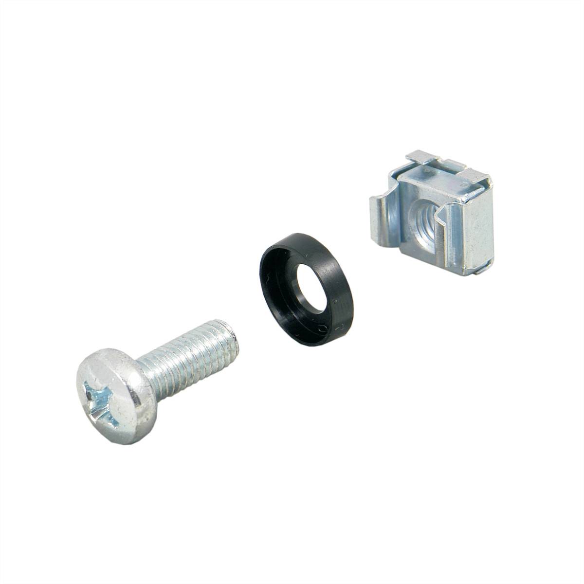 Una vite, un dado e un anello di plastica su sfondo bianco.