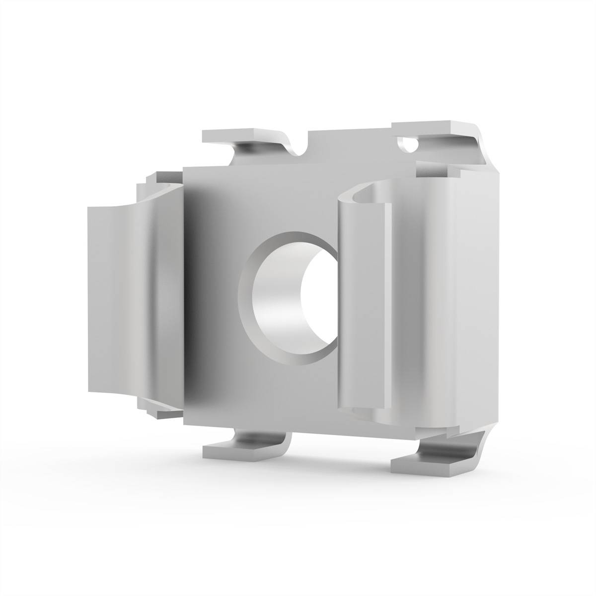 Un componente rettangolare metallico con un'apertura centrale e ali laterali, probabilmente utilizzato per fissare o collegare parti in macchinari.