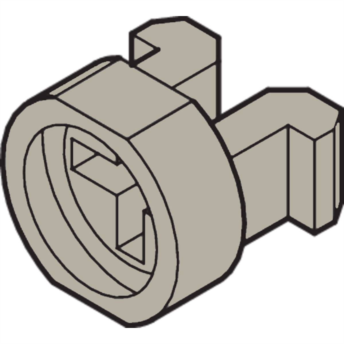 Un pezzo Lego grigio, rotondo, con un foro a croce nel centro e connessioni laterali per l'assemblaggio con altri pezzi.