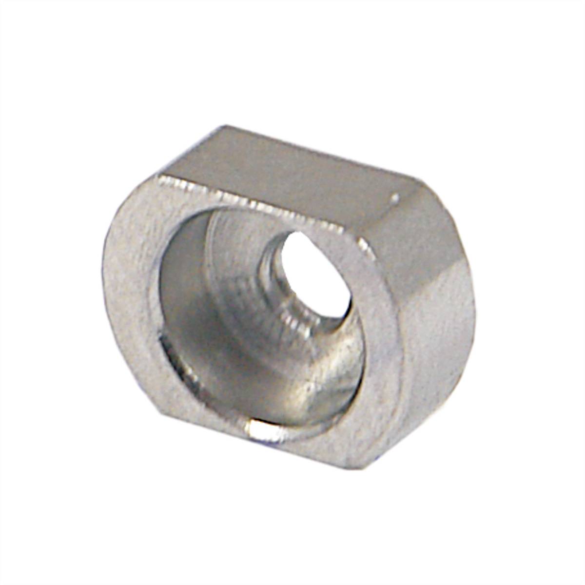 Dado esagonale in metallo con filettatura interna, colore argento. Utilizzato per fissare e bloccare viti in diverse applicazioni di ingegneria meccanica.