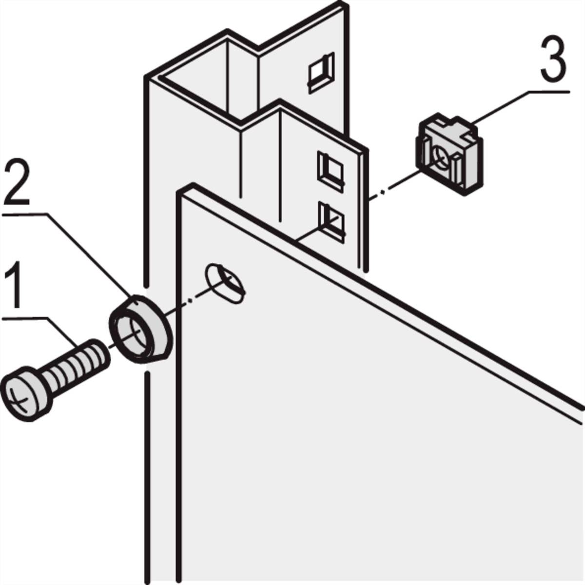 Esploso di un elemento di giunzione per mobili: 1. Vite di fissaggio, 2. Piastra di connessione, 3. Supporto in plastica.