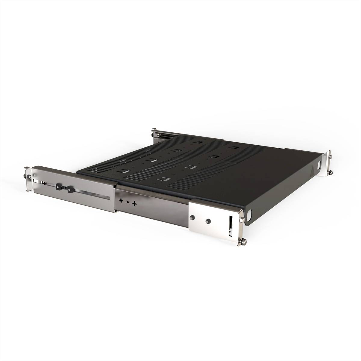 Un contenitore nero e piatto per server o dispositivi elettronici, con supporti argento sui lati.