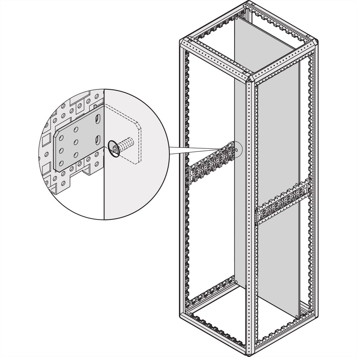 Un diagramma tecnico mostra un telaio rettangolare con un focus su un supporto di montaggio in uno degli angoli.
