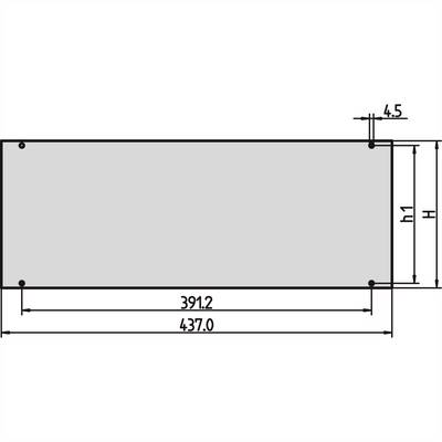 Disegno tecnico di un oggetto rettangolare con dimensioni: lunghezza 437 mm, larghezza 391,2 mm, altezza H con misura di dettaglio h1.